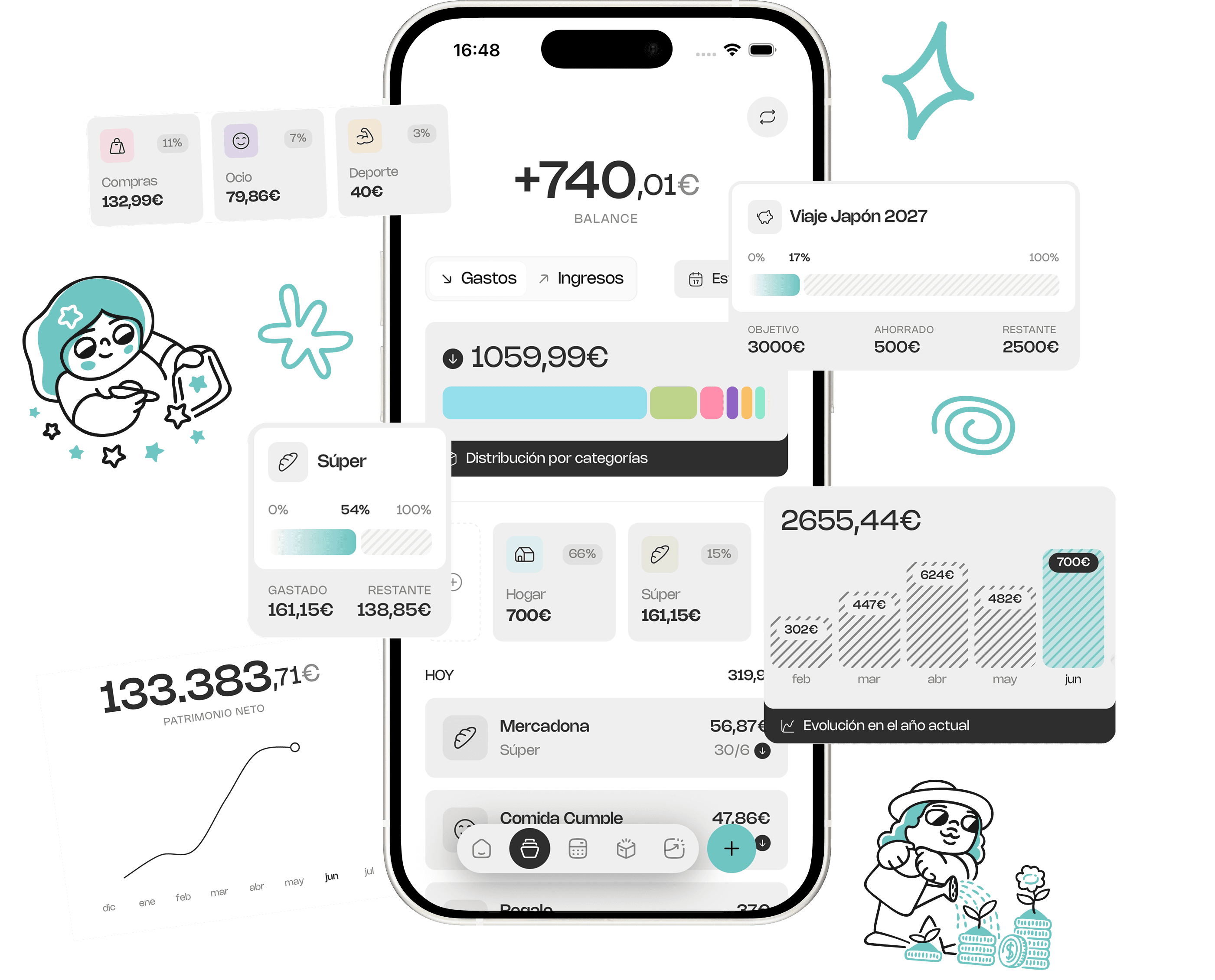 App mibu mostrando balance, presupuestos, ahorro y patrimonio